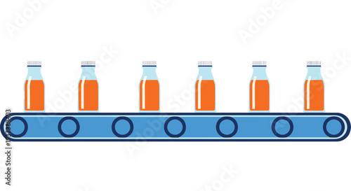Six identical glass bottles filled with orange liquid and capped with white lids are moving along a blue conveyor belt on a plain white background.