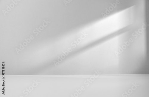 Minimalist abstract empty room with soft natural light casting a shadow on a wall. Clean, modern interior space for product presentation, with a beam of light falling into the room through the window