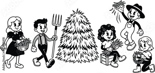 Retro cartoon 1950s children gathering haystack close up smiling boy with pitchfork girl holding basket rustic scene sitting making wreaths