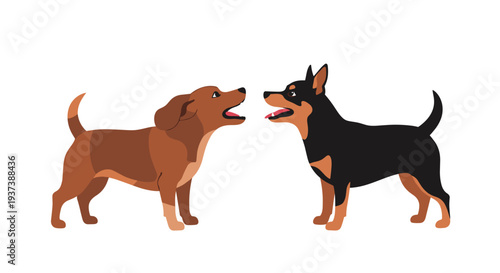 Two stylized dogs, one brown and one black and tan, are facing each other with open mouths as if barking on a clean white background.