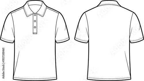 Flat sketch of classic men’s polo shirt with collar and button placket, short sleeves, front and back technical drawing flat vector illustration