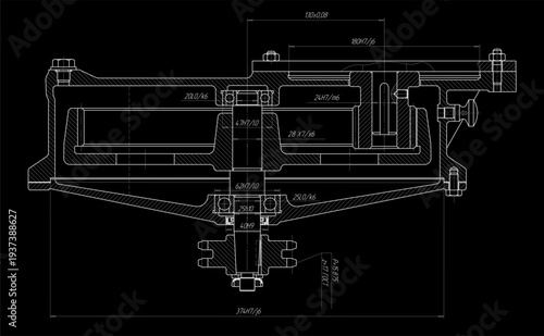 Assembly drawing of reducer. Vector working drawing of steel mechanical device with shaft, gear, 
electric engine, bolted connection and dimension lines. Engineering cad scheme. Technical template. 
