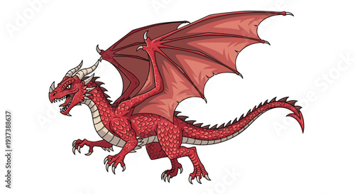 A fierce red dragon with large, spread leathery wings and sharp claws is standing poised on its hind legs, facing left with an open mouth on a white background.