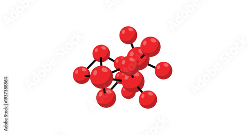 A three-dimensional molecular structure composed of multiple glossy red spheres connected by short black rods floats centrally against a white background.