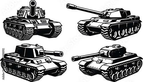 Monochrome vector illustration four angled military tanks shown in close up low angle perspective bold line art heavy armored silhouettes