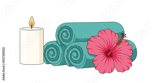 Three tightly rolled teal spa towels are arranged next to a lit white pillar candle and a vibrant pink hibiscus flower on a white background.