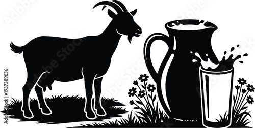 Silhouette vector side view goat standing near milk pitcher and glass with splash in grassy floral foreground bold black white