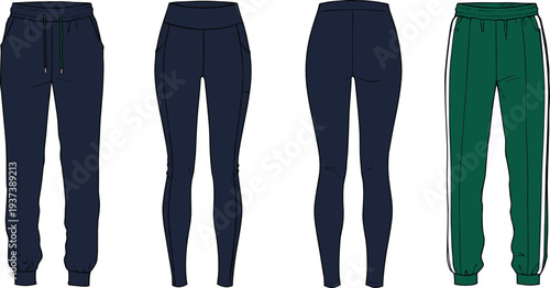 Flat sketch of joggers and leggings, sporty activewear design, unisex gym pants, front and back view, modern fitness apparel flat vector illustration