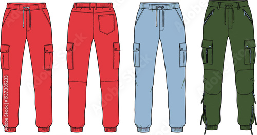 Flat sketch of men's jogger pants with cargo pockets, drawstring waistband, zip detail, front and back views, multiple colors flat vector illustration