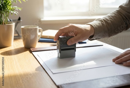 Hand pressing a dark self inking rubber stamp onto a blank white document on a wooden desk