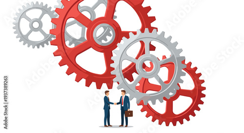 Two businessmen in suits are shaking hands, standing in front of a backdrop of several large, interlocked red and grey gears.