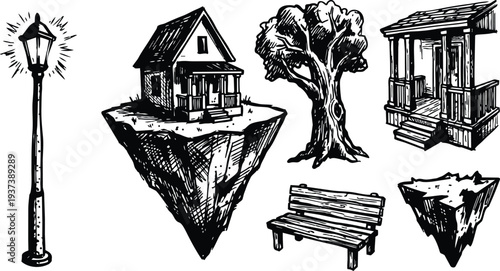 Ink sketch floating house on rocky island with porch tree bench lamp close up black line art composition vintage rustic