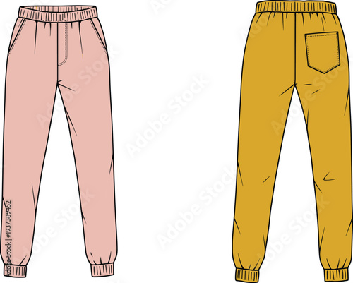 Flat sketch illustration of unisex jogger pants with elastic waistband, back pocket, ribbed cuffs, fashion apparel design, technical drawing flat vector illustration