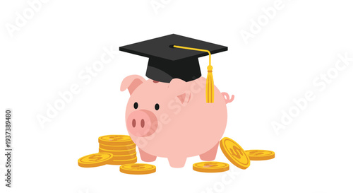 A pink cartoon piggy bank wearing a black graduation cap with a golden tassel sits on a white surface surrounded by six gold coins.