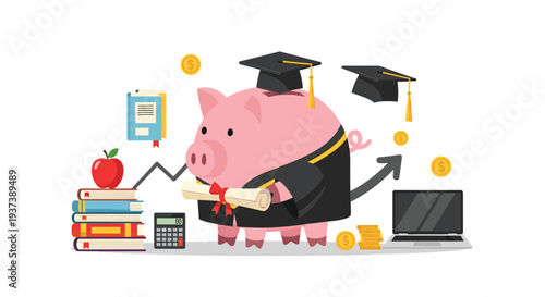 A graduated piggy bank in a cap and gown holds a diploma, surrounded by books, an apple, a calculator, a laptop, and coins.
