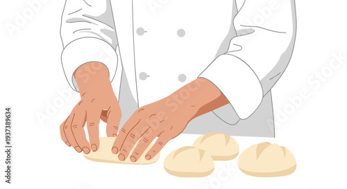 A chef's hands, wearing a white uniform, are actively kneading a piece of pale dough on a clean white surface.