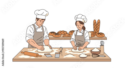 A male and female baker in chef hats and aprons knead dough on a wooden counter with baking tools and bread on shelves.