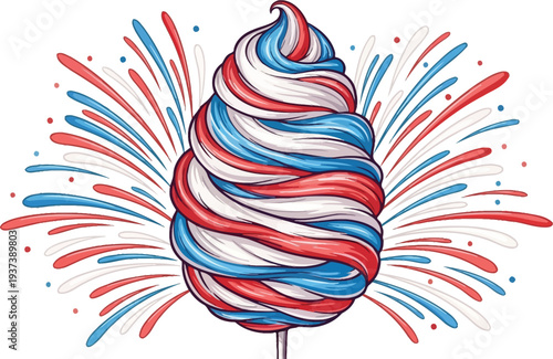 A tall swirl of red, white, and blue cotton candy is depicted with surrounding stylized bursts resembling fireworks against a white background.