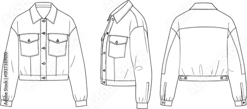 Fashion flat technical sketch, cropped denim jacket design, front side back view, buttoned collar, long sleeve outerwear vector illustration flat vector illustration