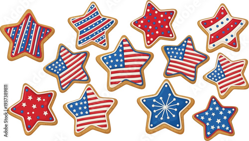 Several star shaped cookies decorated with red, white, and blue patriotic icing patterns are displayed against a white background.