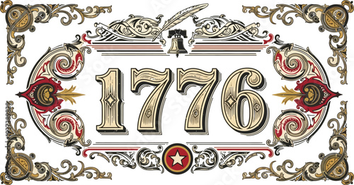 The year 1776 is displayed in ornate, light-colored typography framed by elaborate, baroque scrollwork and patriotic accents.