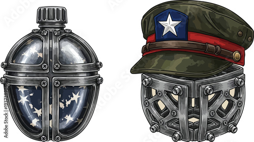 Steampunk style military canteen and a stylized officer's cap rest beside each other against a white background.