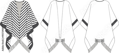 Flat fashion sketch of women's poncho with stripes, fringe hem detail, front and back view, technical drawing for apparel design use

 flat vector illustration