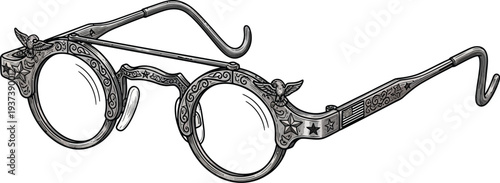 Ornate, vintage-style pince-nez eyeglasses with hinged nose bridge and decorative metalwork are depicted against a white background.