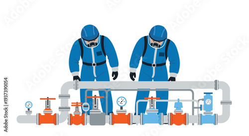 Two workers in blue hazmat suits and respirators are standing behind a grey pipe, inspecting a row of industrial valves.