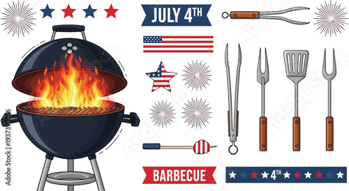 A collection of barbecue grilling tools and patriotic Fourth of July decorative elements surrounds a kettle grill with visible flames inside.