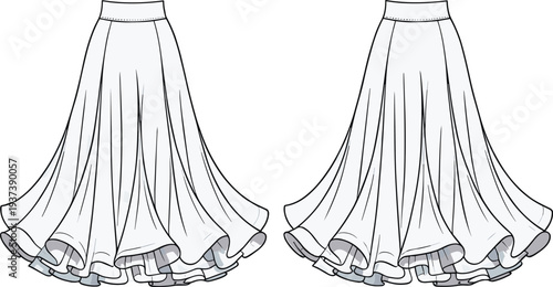 Flared layered maxi skirt flat sketch, front and back technical drawing, fashion design template for women’s clothing, elegant garment illustration

 flat vector illustration