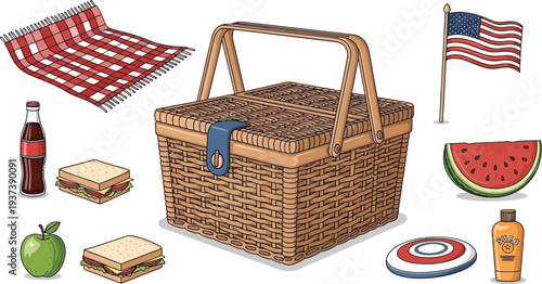 A collection of picnic items including a wicker basket, checkered blanket, watermelon slice, sandwiches, soda bottle, apple, frisbee, sunscreen, and American flag is arranged for outdoor leisure.