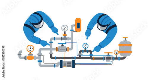 Two sets of arms in blue hazmat suits are pointing at a complex industrial piping system with multiple valves and gauges.