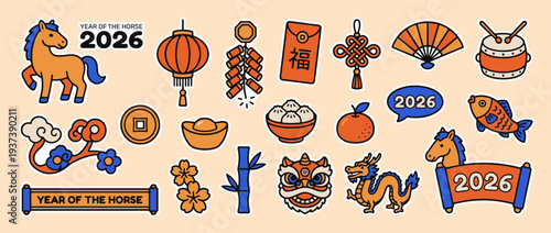 Year of the Horse Celebration: A vibrant collection of traditional elements.  Celebrating the Year of the Horse and good fortune, perfect for festive designs.