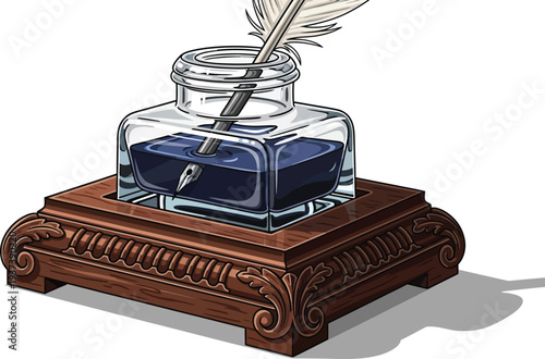 A glass inkwell holding dark blue liquid sits on an ornate wooden stand with a white feather quill inserted for writing.