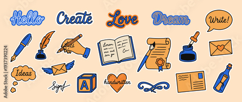 Creative Inspiration: An array of whimsical illustrations depicts the essence of writing, creativity, and love, perfect for stationery, blogs, and artistic projects.