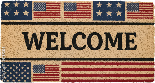 A coir welcome mat features the word WELCOME centered between decorative borders of small American flag designs.