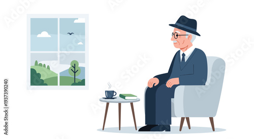An elderly man in a blue suit and hat is sitting contemplatively in an armchair beside a window overlooking a green landscape.