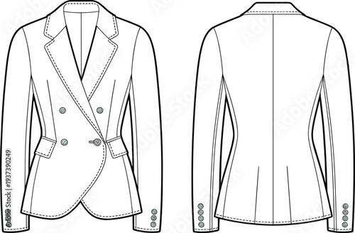 Flat sketch of tailored double breasted blazer with lapel collar, front and back view, long sleeve jacket fashion technical drawing