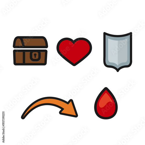 A set of game icons depicting shield, health, treasure, dodge and damage