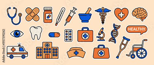 Healthcare Icon Set: An assortment of medical icons, representing essential aspects of healthcare, perfectly illustrates the core elements of health, medicine, and wellness.
