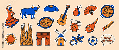 Spain Culture Icons: A vibrant collection of icons representing the rich cultural heritage of Spain, capturing the essence of the country's traditions and symbols.