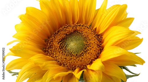 Close up of a vibrant yellow sunflower with a detailed center on a white background.