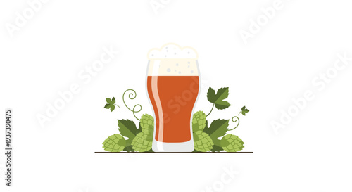 A stylized illustration of a single tall glass of amber beer with a thick foam head is positioned centrally, surrounded by green hop cones and leaves on a clean white background.