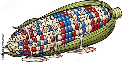 A single ear of multicolored flint corn with kernels arranged in red, white, and blue patterns leaks white liquid onto a surface.