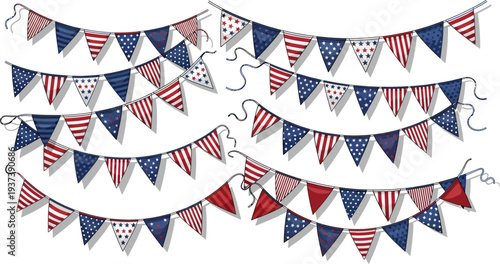 Multiple strands of hanging pennant banners featuring assorted red, white, and blue American flag patterns create a festive decoration.
