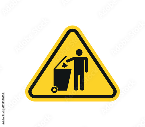 Yellow triangular warning sign a black pictogram of a person disposing of trash into a wheeled bin vector design