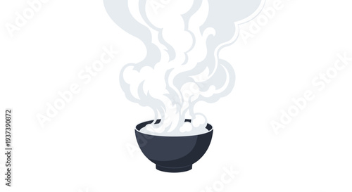 A simple illustration features a dark, deep bowl centrally placed on a stark white background, from which a large, voluminous plume of white steam gracefully rises upwards.
