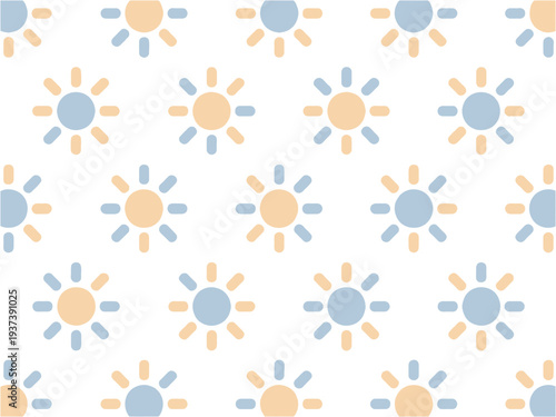 Colorful Pattern of Blue and Yellow Suns on White Background with Geometric Shapes