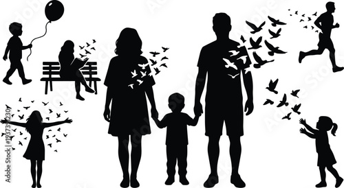 Silhouette family holding hands with child surrounded by flying birds park bench reader runner and joyful children minimalist vector illustration